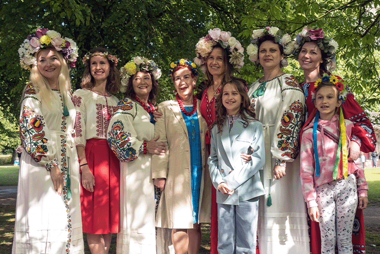 People wearing traditional headdresses